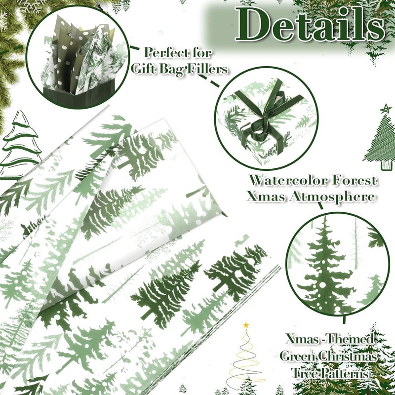 Welpurch 100 Sheets Christmas Tree Tissue Paper, 20 x 14in Watercolor Xmas Tree Gift Wrapping Paper Greenery Art Decorative Tissue for Christmas Winter Party Supplies (Sage Green) - Image 3
